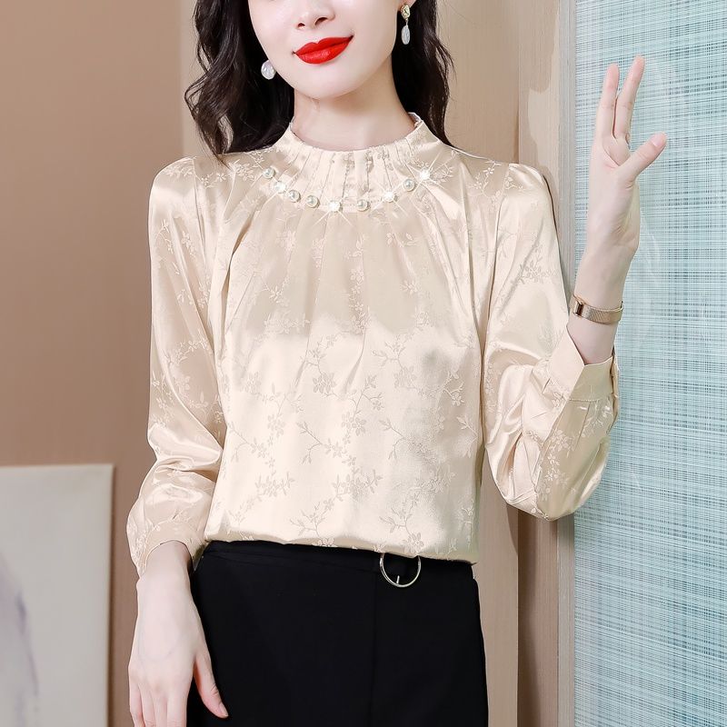 高檔釘珠真絲襯衫女長袖2024年新款時尚氣質立領洋氣減齡小衫上衣