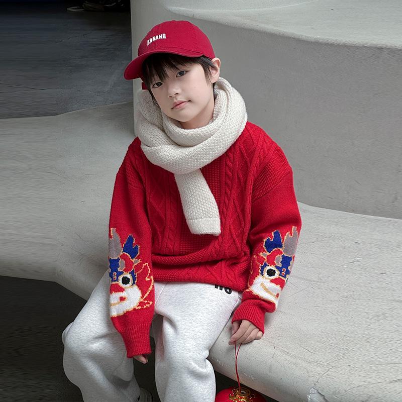 儿童装男童冬季红色毛衣2024新款中大童秋冬款龙年加厚本命年衣服