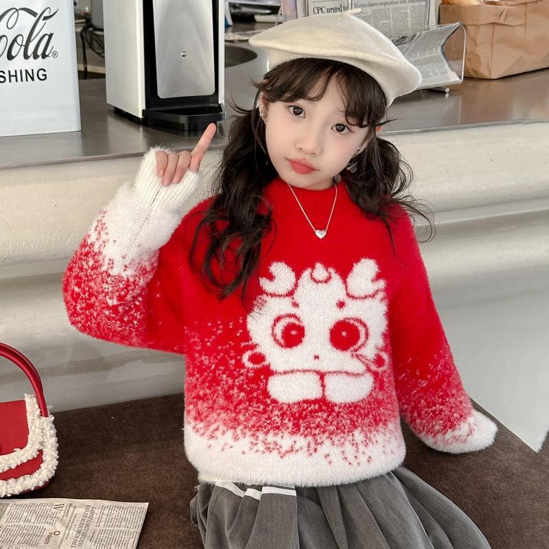 女童水貂絨毛衣紅色拜年服秋冬2023新款兒童打底衣加厚聖誕針織衫