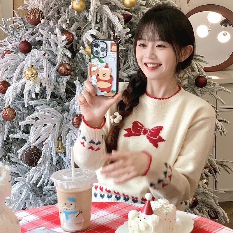 XJ家甜系少女蝴蝶結提花拼色聖誕毛衣女學生秋冬季寬鬆百搭針織