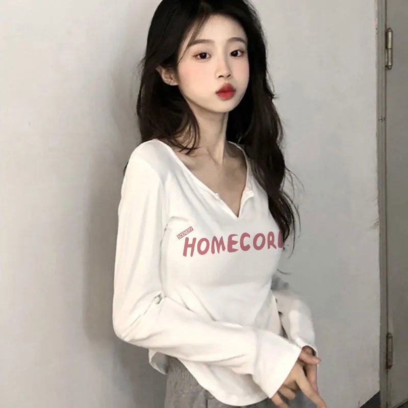 純棉小眾別致V領純欲風正肩長袖T恤女辣妹內搭修身顯瘦氣質上衣潮