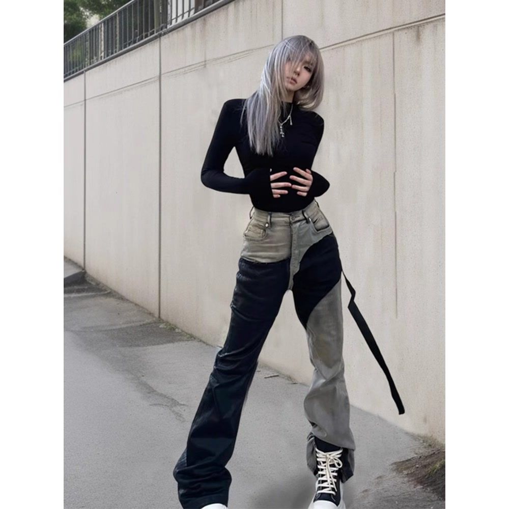 美式ro拼接微喇叭牛仔褲女潮牌高街vibe褲子做舊修身顯瘦飄帶褲子