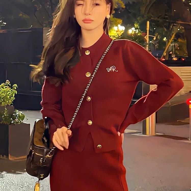 XJ家時尚名媛輕奢套裝女秋季新款休閒長袖開衫針織+半身裙甜美兩