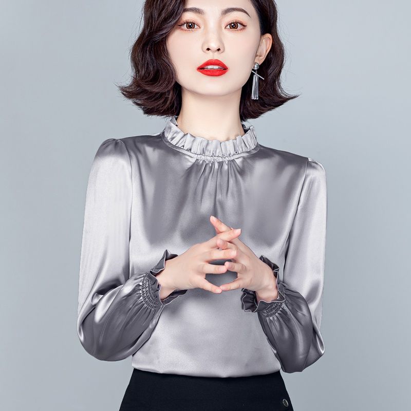 襯衫女2024年新款春季長袖緞面百搭上衣女時尚遮肚子小衫洋氣襯衣