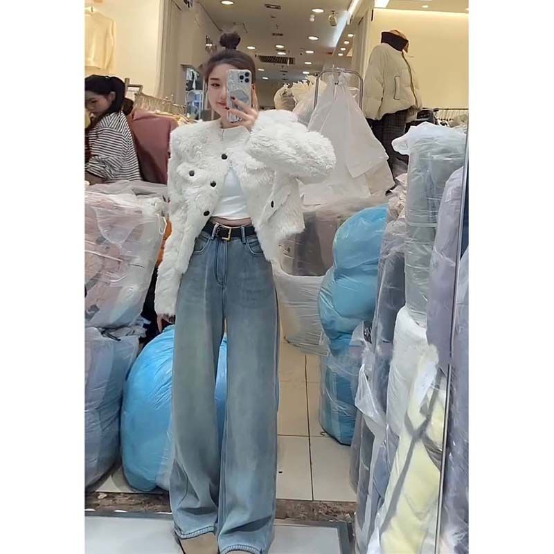 加絨加厚直筒牛仔褲女秋冬高個子加長顯瘦窄版拖地闊腿