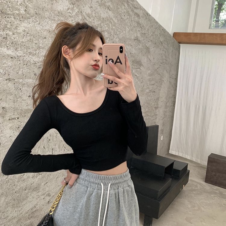 韓版方領短款長袖T恤女秋冬季新款修身小眾打底上衣百搭顯瘦內搭