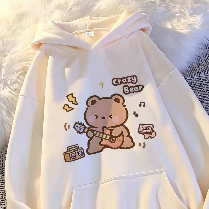 American original high street cartoon bear hooded sweatshirt for men and women in autumn and winter plus velvet and thick heavyweight loose couple coat