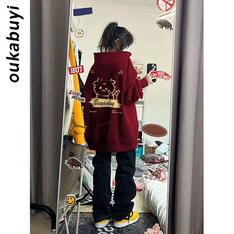 OUKABUYI450G重磅銀狐絨純棉連帽衛衣女秋冬校園風甜美卡通上衣潮