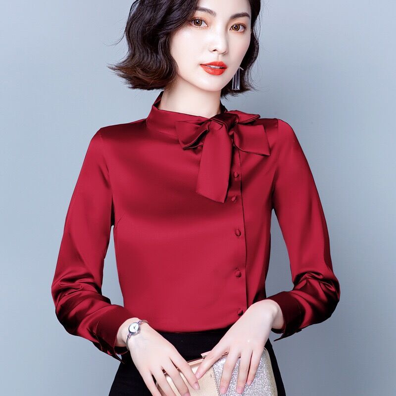 高檔長袖襯衫女設計感小眾復古法式新款2024年立領蝴蝶結襯衣上衣