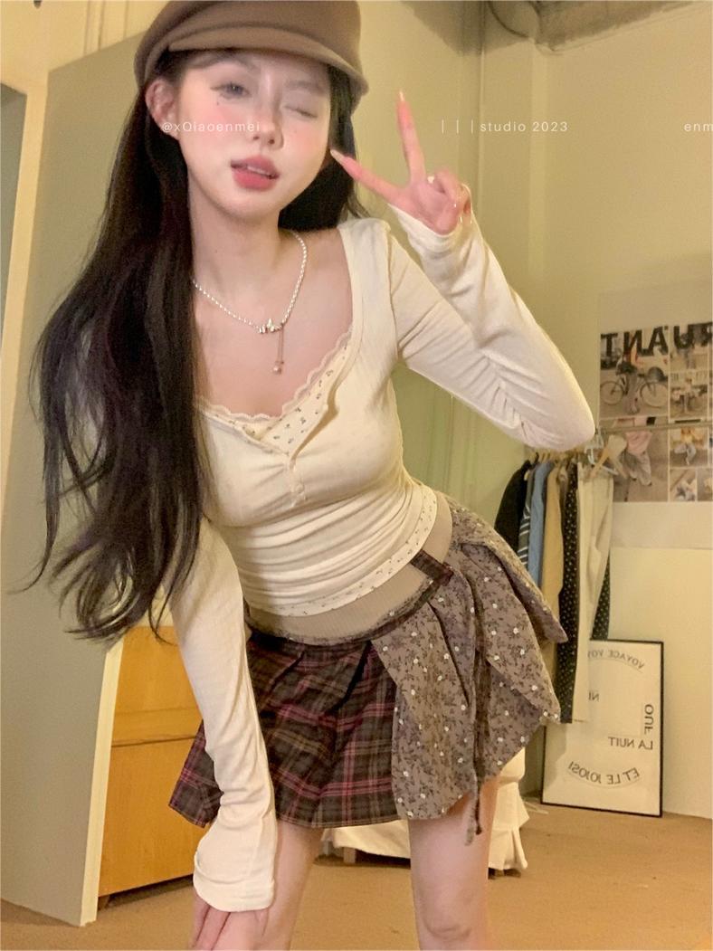假兩件碎花蕾絲拼接針織衫女秋冬收腰緊身顯瘦長袖內搭打底衫上衣