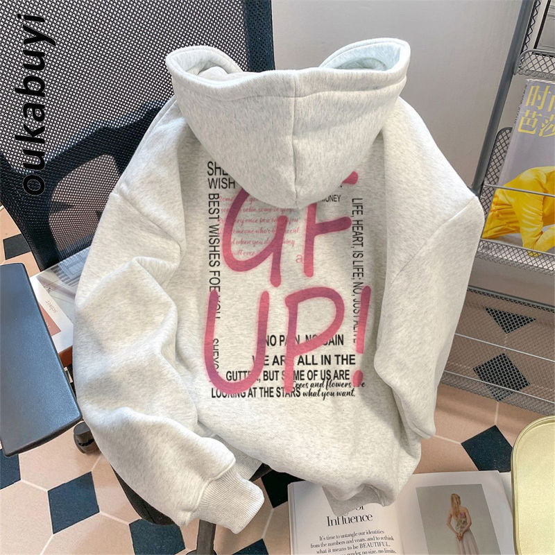 OUKABUYI450G重磅銀狐絨純棉連帽衛衣女美拉德簡約原宿寬鬆上衣潮