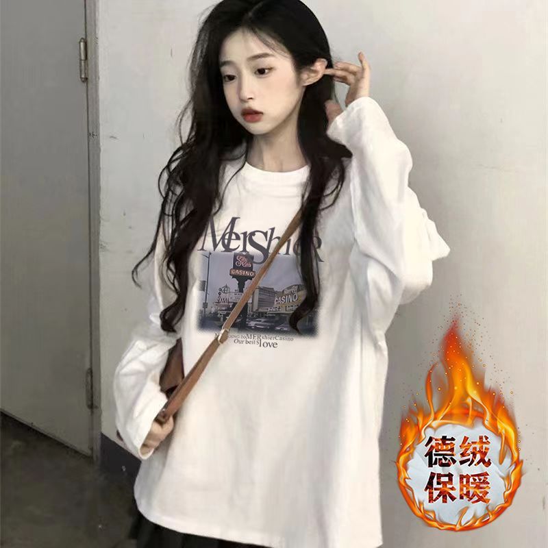 加厚雙面德絨圓領白色印花打底衫女加絨秋冬磨毛內搭寬鬆長袖t恤
