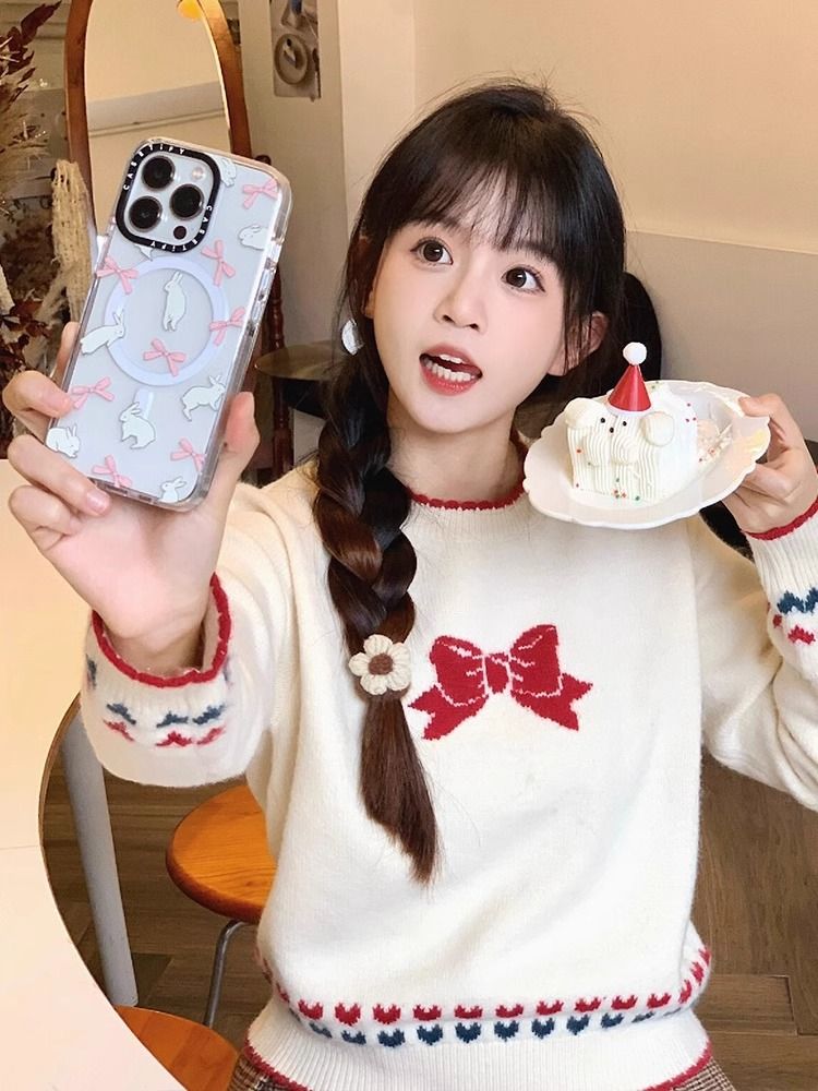 聖誕節蝴蝶結撞色毛衣女新款秋冬小個子軟糯寬鬆甜美針織上衣