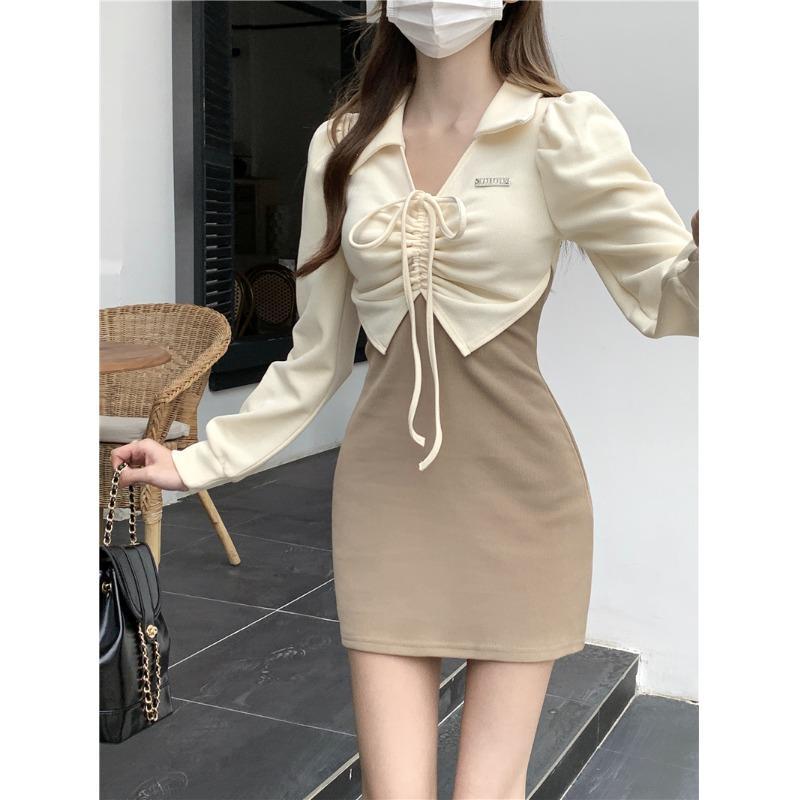 Polo collar fake two-piece temperament dress for women in autumn contrasting French drawstring skirt for hot girls to wear hip-hugging short skirt