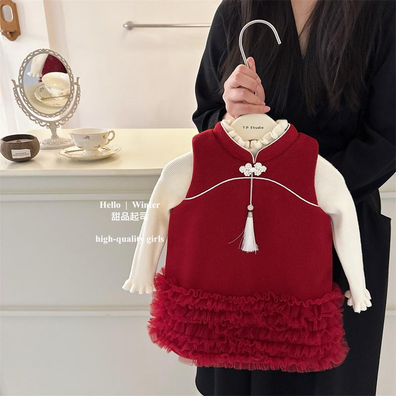 New Year's greetings clothes for girls, winter clothes, one-year-old baby girl's dress, skirt, children's red dress, one-year-old New Year's clothes trendy