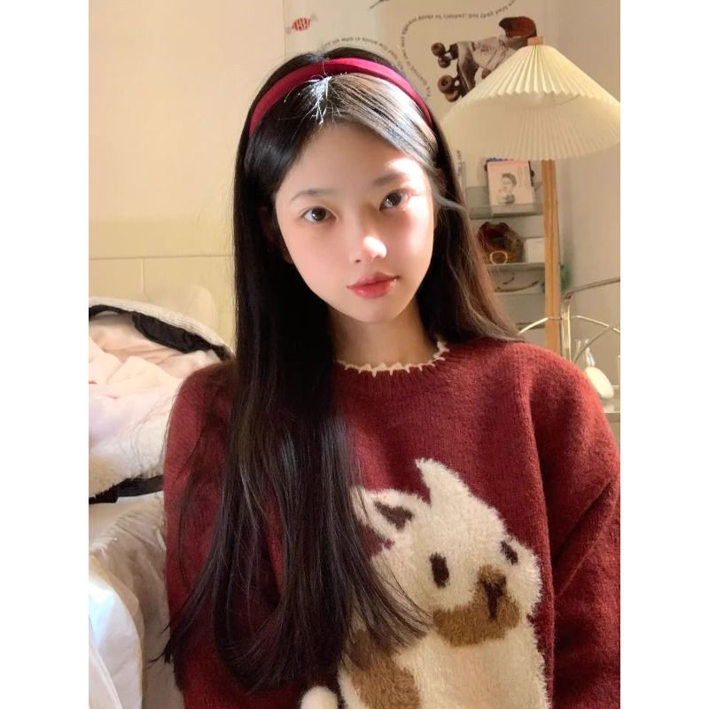 小個子圓領秋冬軟糯針織衫加厚內搭紅色過年聖誕浣熊絨兔子毛衣女