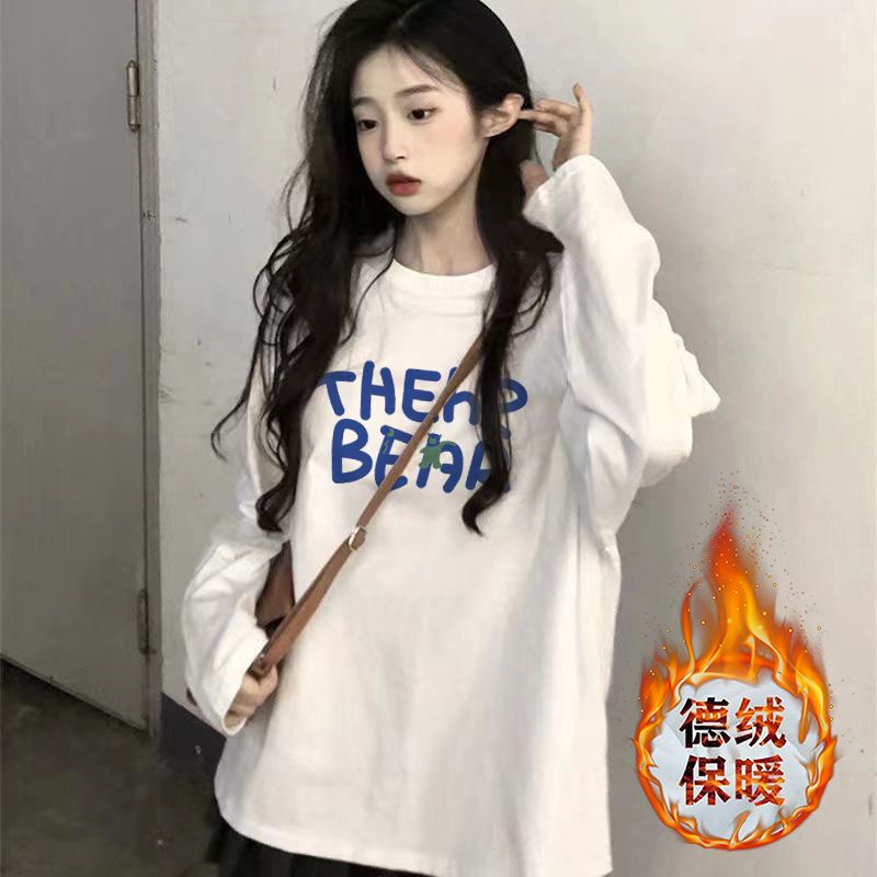 加厚雙面德絨圓領白色印花打底衫女加絨秋冬磨毛內搭寬鬆長袖t恤