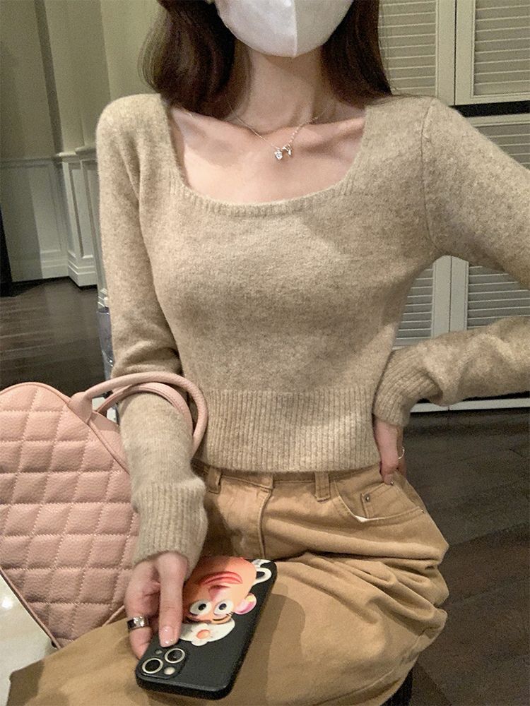 Hot girl sexy clavicle square neck pullover sweater for women autumn and winter slim-fitting thickened warm sweater bottoming top