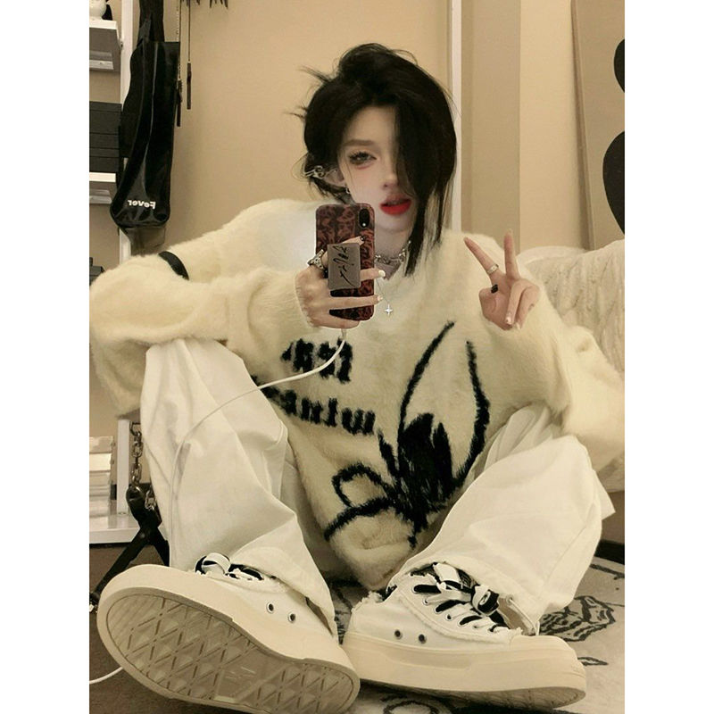 美式復古仿貂毛蜘蛛軟糯毛衣女寬鬆慵懶風高級感加厚針織衫上衣