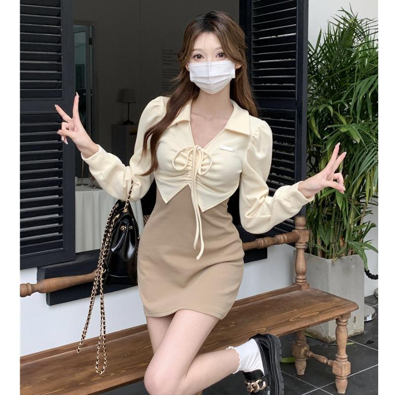 Polo collar fake two-piece temperament dress for women in autumn contrasting French drawstring skirt for hot girls to wear hip-hugging short skirt