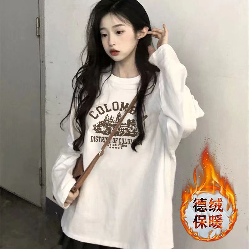 加厚雙面德絨圓領白色印花打底衫女加絨秋冬磨毛內搭寬鬆長袖t恤