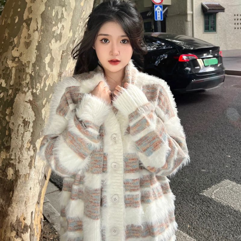 新款軟糯慵懶上衣拼接條紋針織開衫女秋冬洋氣寬鬆奶呼呼毛衣
