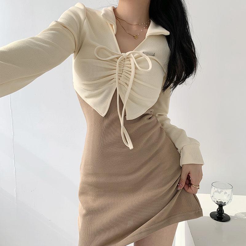 Pure lust style autumn and winter new POLO collar drawstring lace fake two-piece dress women's design niche hip-hugging short skirt