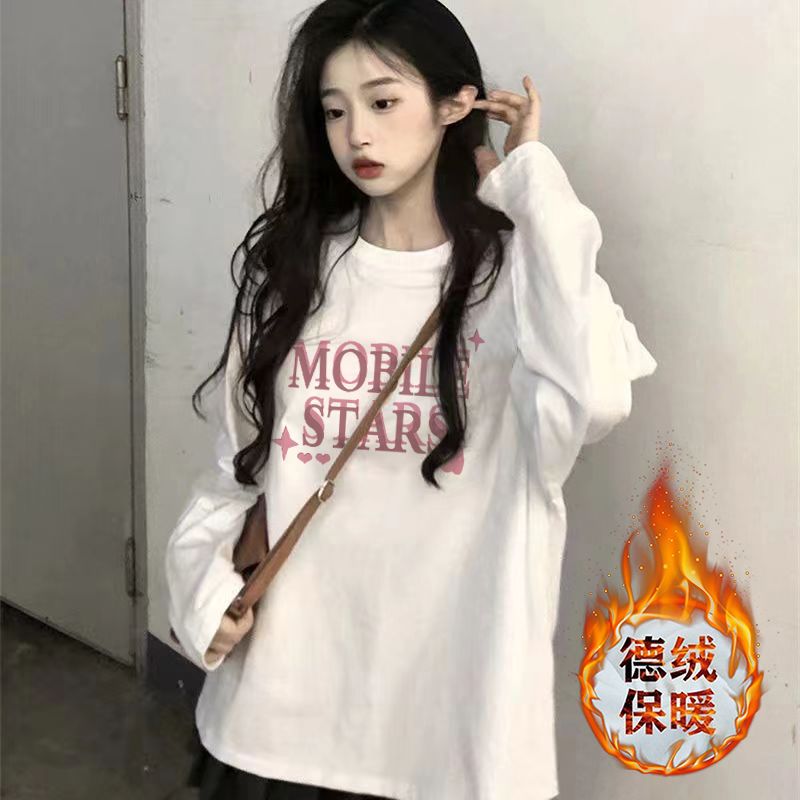 加厚雙面德絨圓領白色印花打底衫女加絨秋冬磨毛內搭寬鬆長袖t恤