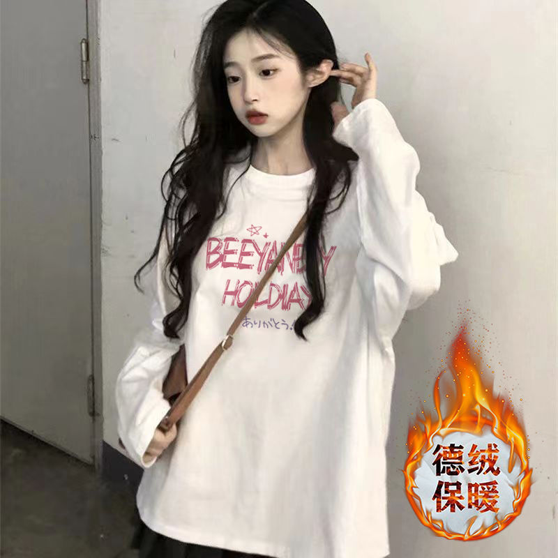 加厚雙面德絨圓領白色印花打底衫女加絨秋冬磨毛內搭寬鬆長袖t恤