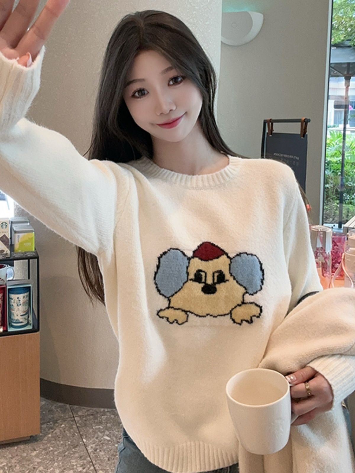 卡通小狗套頭毛衣女秋冬新款百搭寬鬆顯瘦內搭打底針織衫上衣