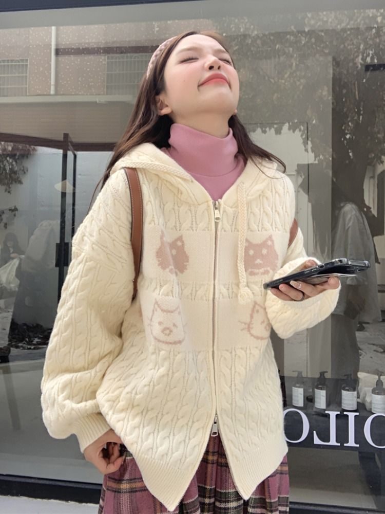 Meow Jacquard Sweater Women's New Autumn and Winter Sweet Hooded Jacket Design Double Zipper Warm Top