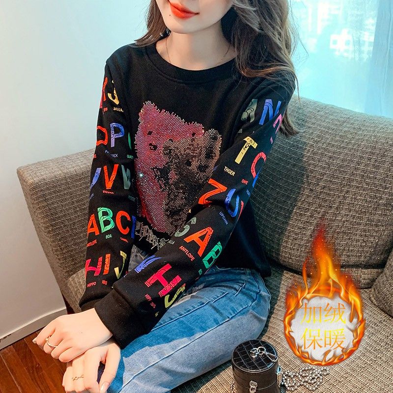 媽媽裝秋冬時尚加絨鑲鑽衛衣打底小衫大碼中年女裝運動休閒上衣女