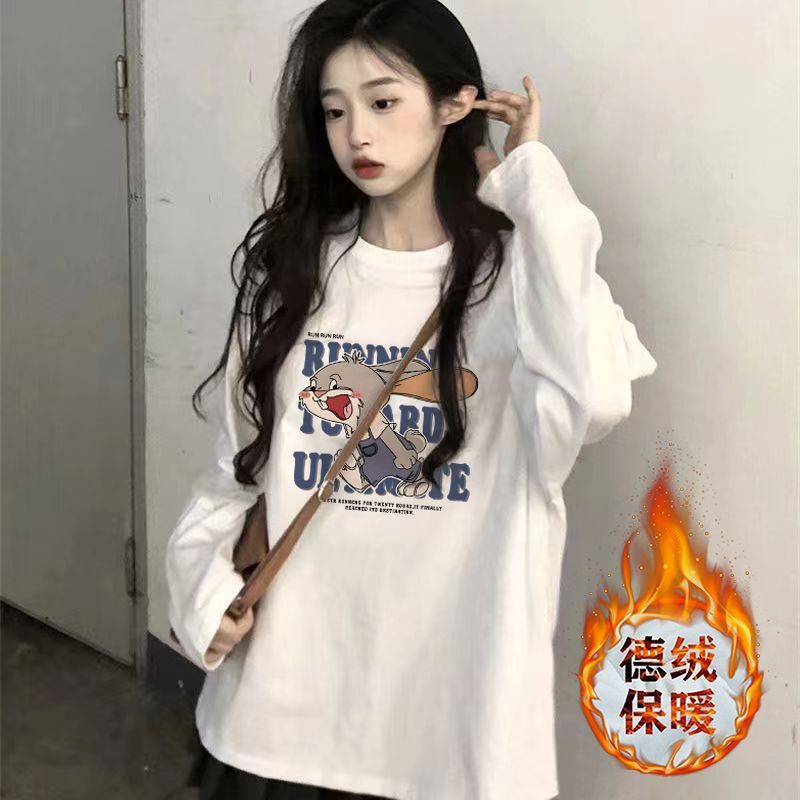 加厚雙面德絨圓領白色印花打底衫女加絨秋冬磨毛內搭寬鬆長袖t恤