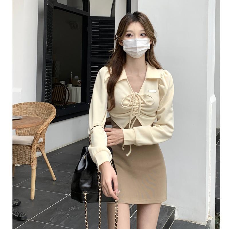 Polo collar fake two-piece temperament dress for women in autumn contrasting French drawstring skirt for hot girls to wear hip-hugging short skirt