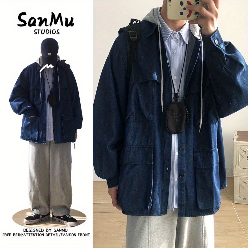 日系cityboy工裝藍色牛仔夾克假兩件連帽外套男秋冬oversize潮牌