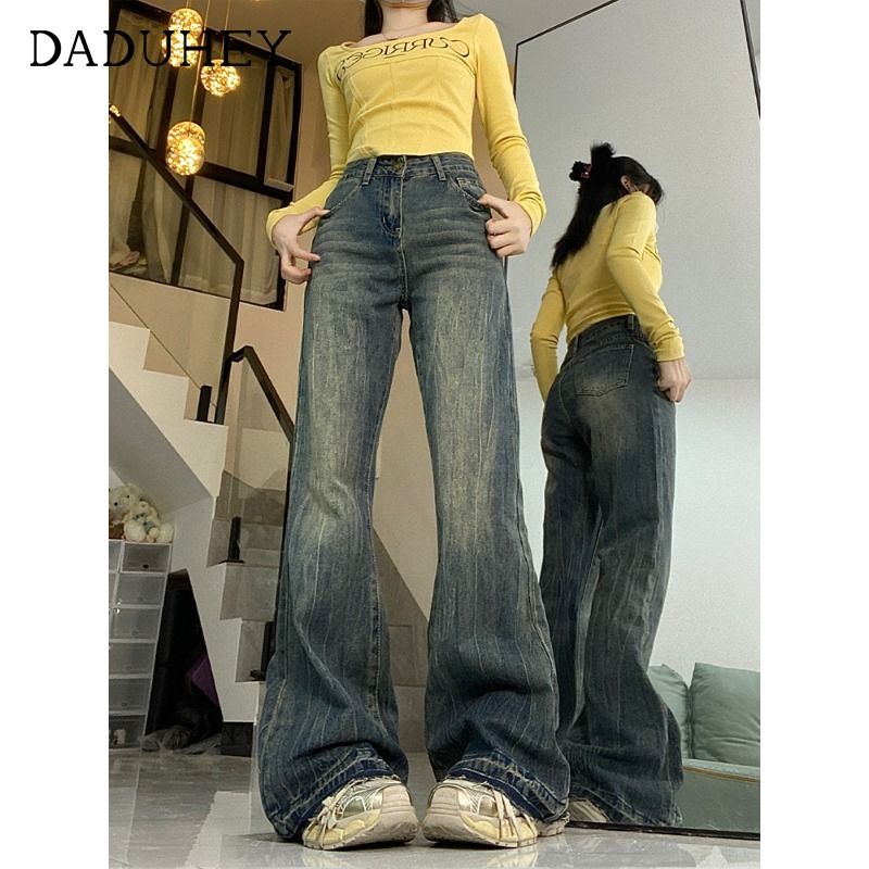 Retro bootcut jeans for women in winter, new style, distressed, high-waisted, slim, versatile, straight-leg floor-length flared pants