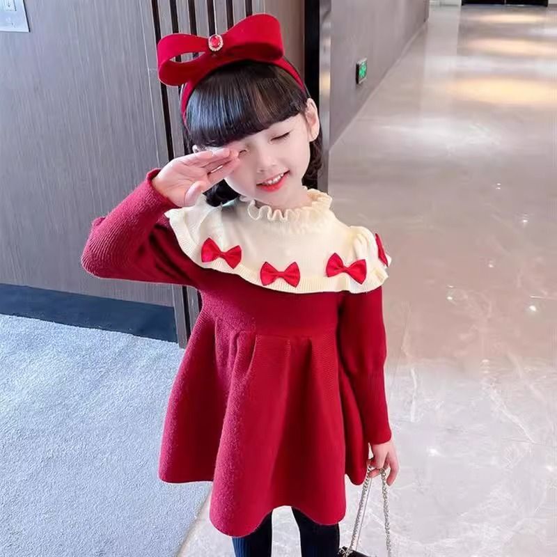 Girls Knitted Dress 2023 New Autumn Style Fashionable Velvet Children's Sweater Dress Girl Baby Princess Dress