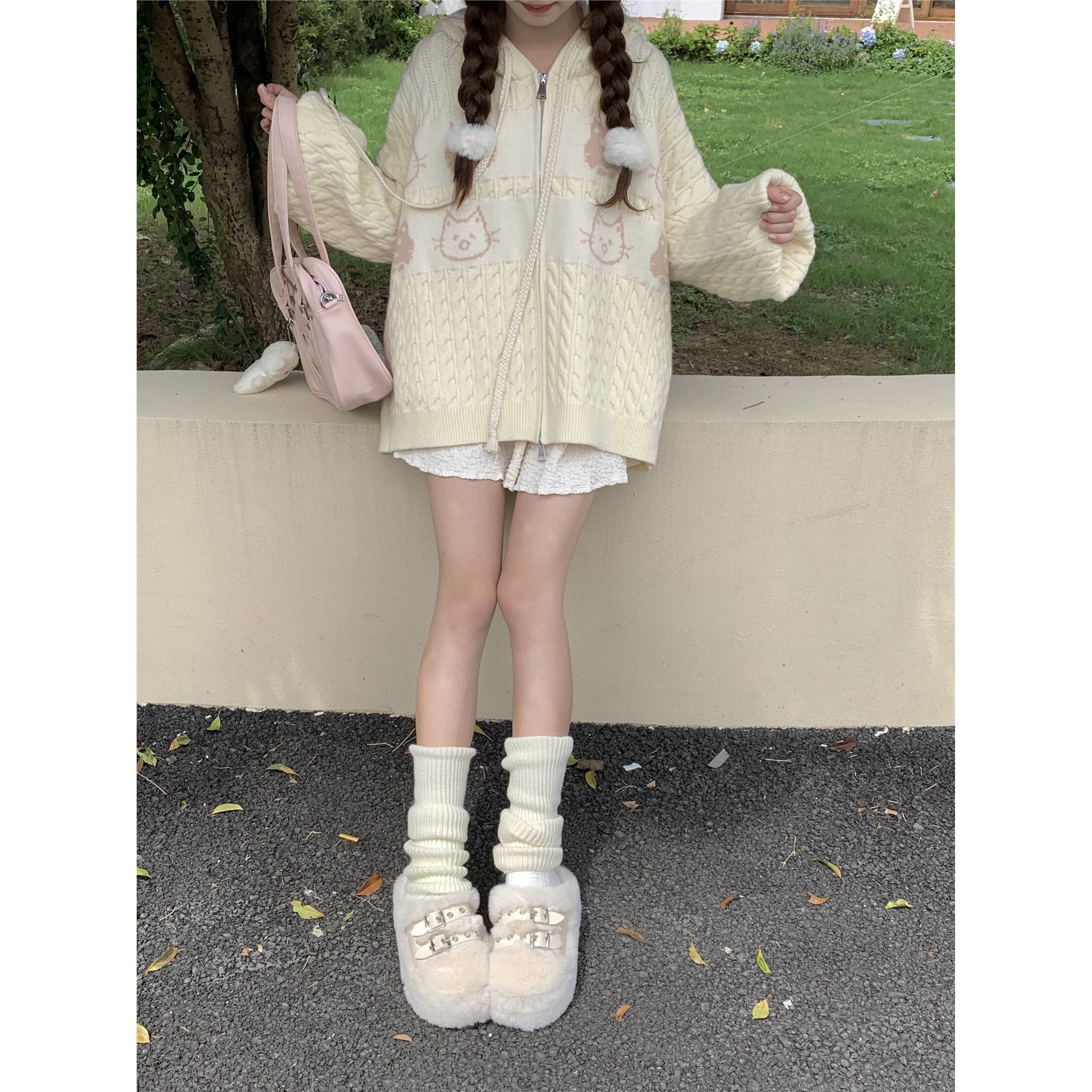 學院風甜美韓系復古麻花貓咪針織開衫女秋冬慵懶加厚連帽毛衣外套