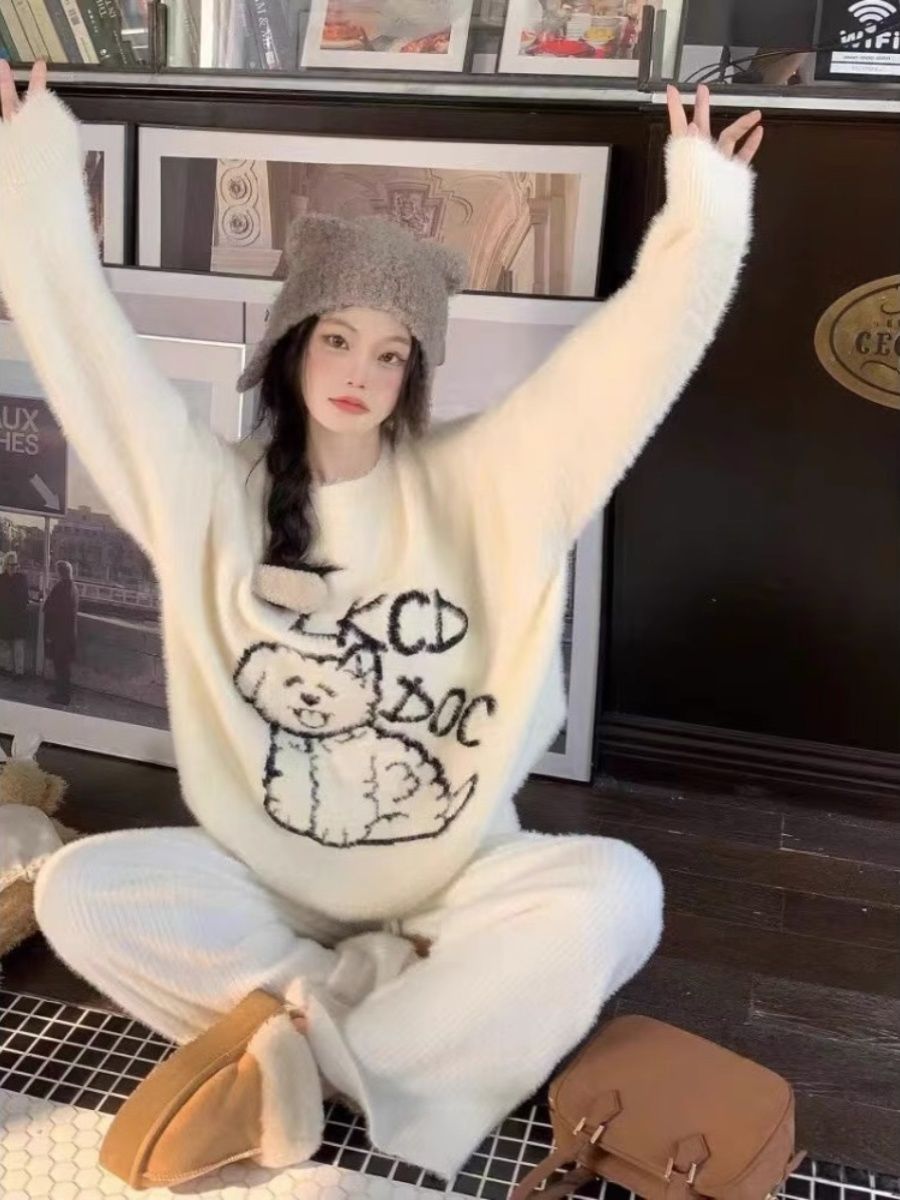 加厚仿水貂絨設計感小眾卡通毛衣秋冬新款慵懶風寬鬆針織女上衣