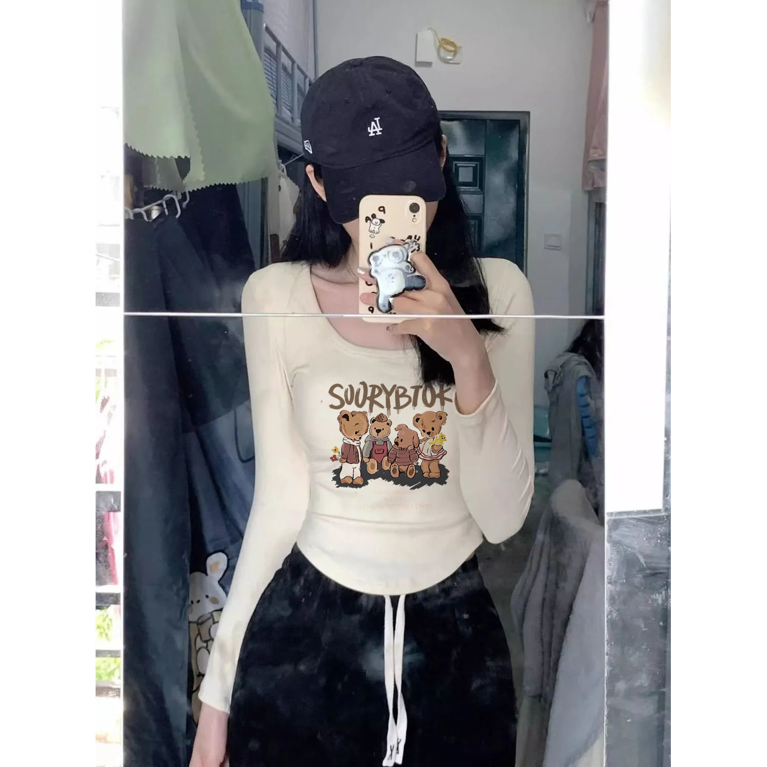 純欲u型下擺t恤女正肩遮肚顯瘦純棉秋冬長袖辣妹修身百搭印花上衣