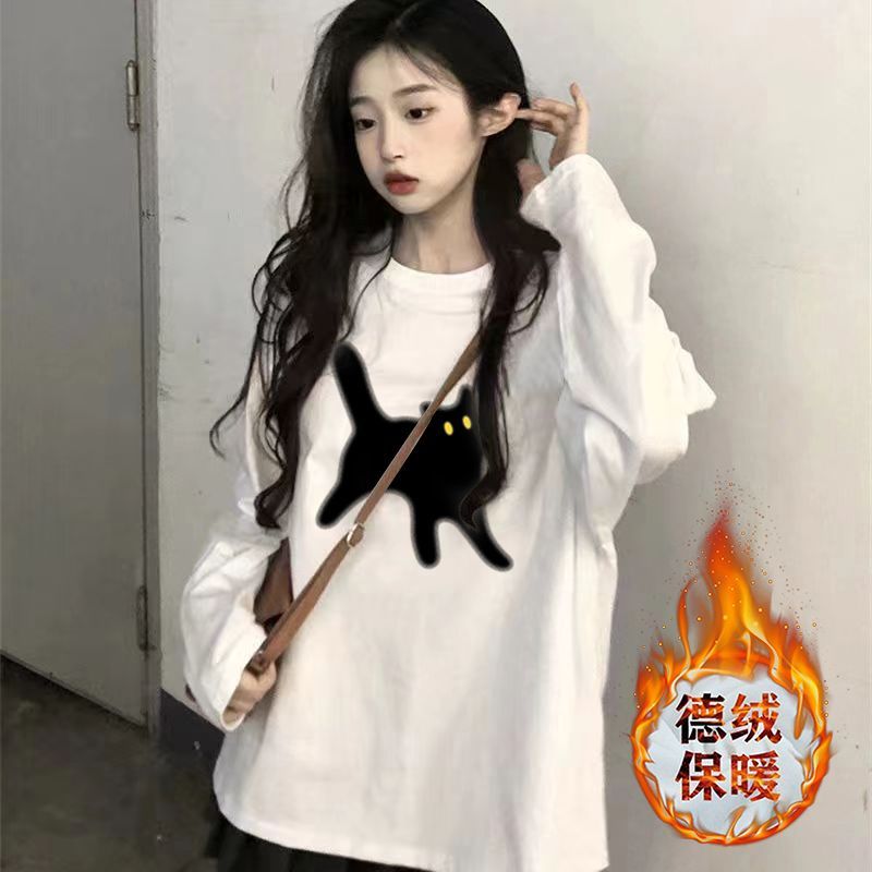 加厚雙面德絨圓領白色印花打底衫女加絨秋冬磨毛內搭寬鬆長袖t恤