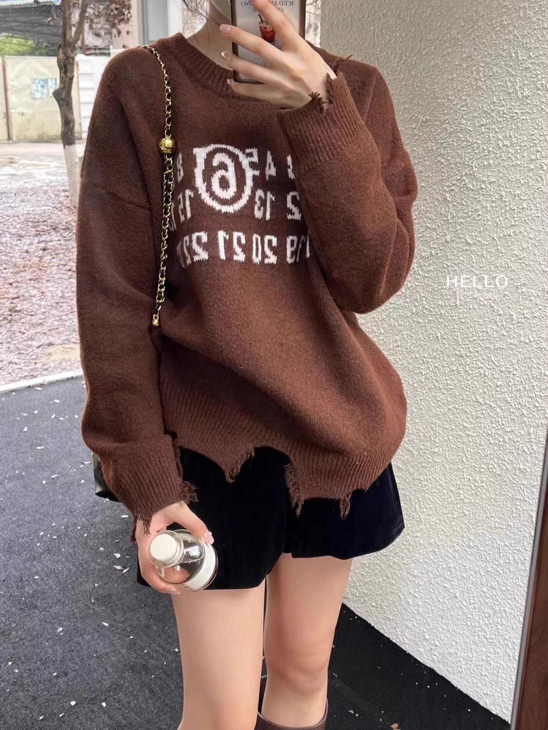秋冬韓范寬鬆慵懶風數字提花毛衣女不規則打底外穿毛邊針織衫