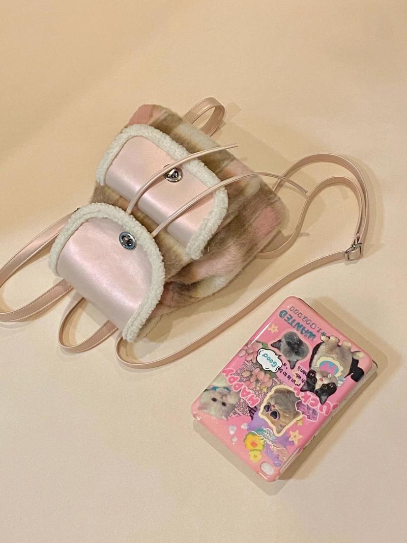 Autumn and winter niche design girly pink portable small backpack 2023 new wool plaid drawstring school bag backpack for women