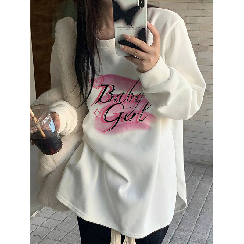 重磅德絨t恤白色打底衫女冬季加絨加厚寬鬆慵懶風內搭長袖上衣服