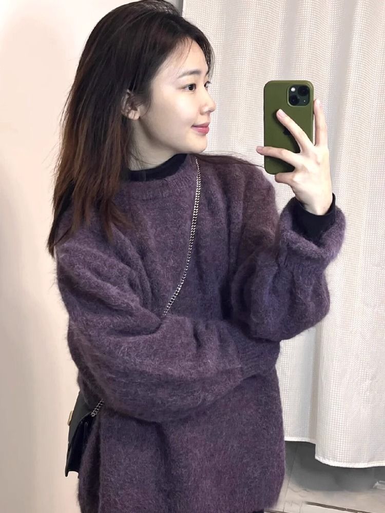 港風時尚寬鬆百搭軟糯毛衣女秋冬韓版時尚疊穿外搭套頭圓領針織衫