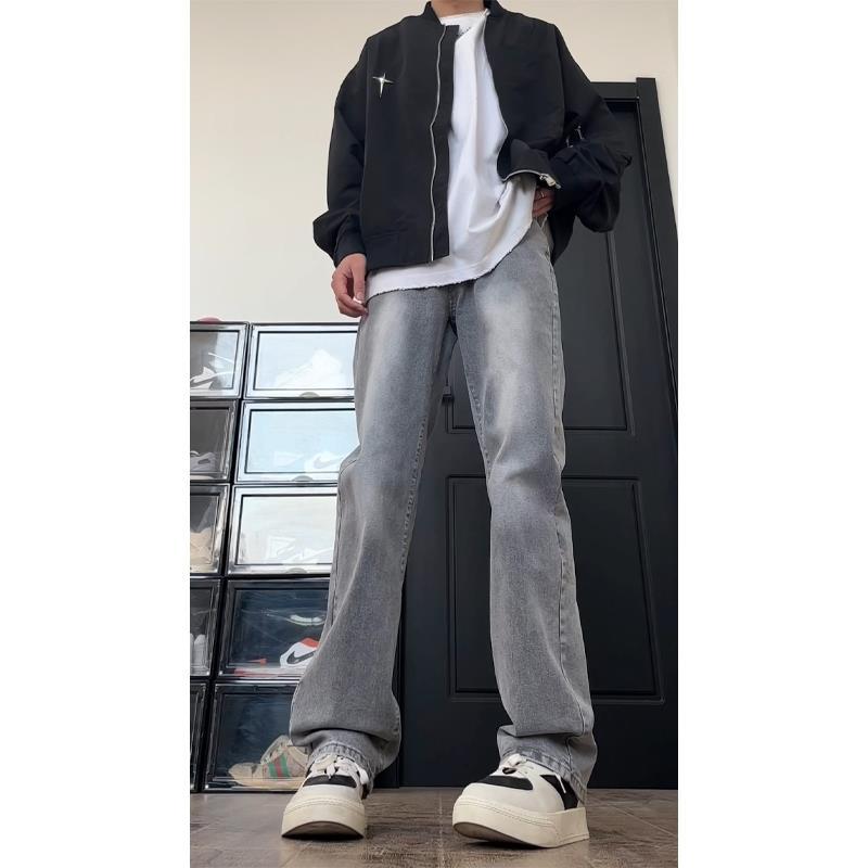 cleanfit煙灰色皮帶款牛仔褲男潮流秋冬款加絨褲子美式修身直筒褲