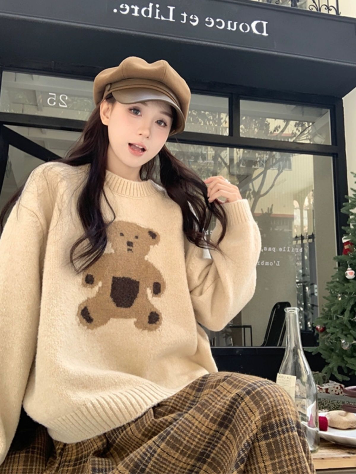 Lazy style bear sweater women's winter new Maillard soft waxy round neck loose long-sleeved knitted top
