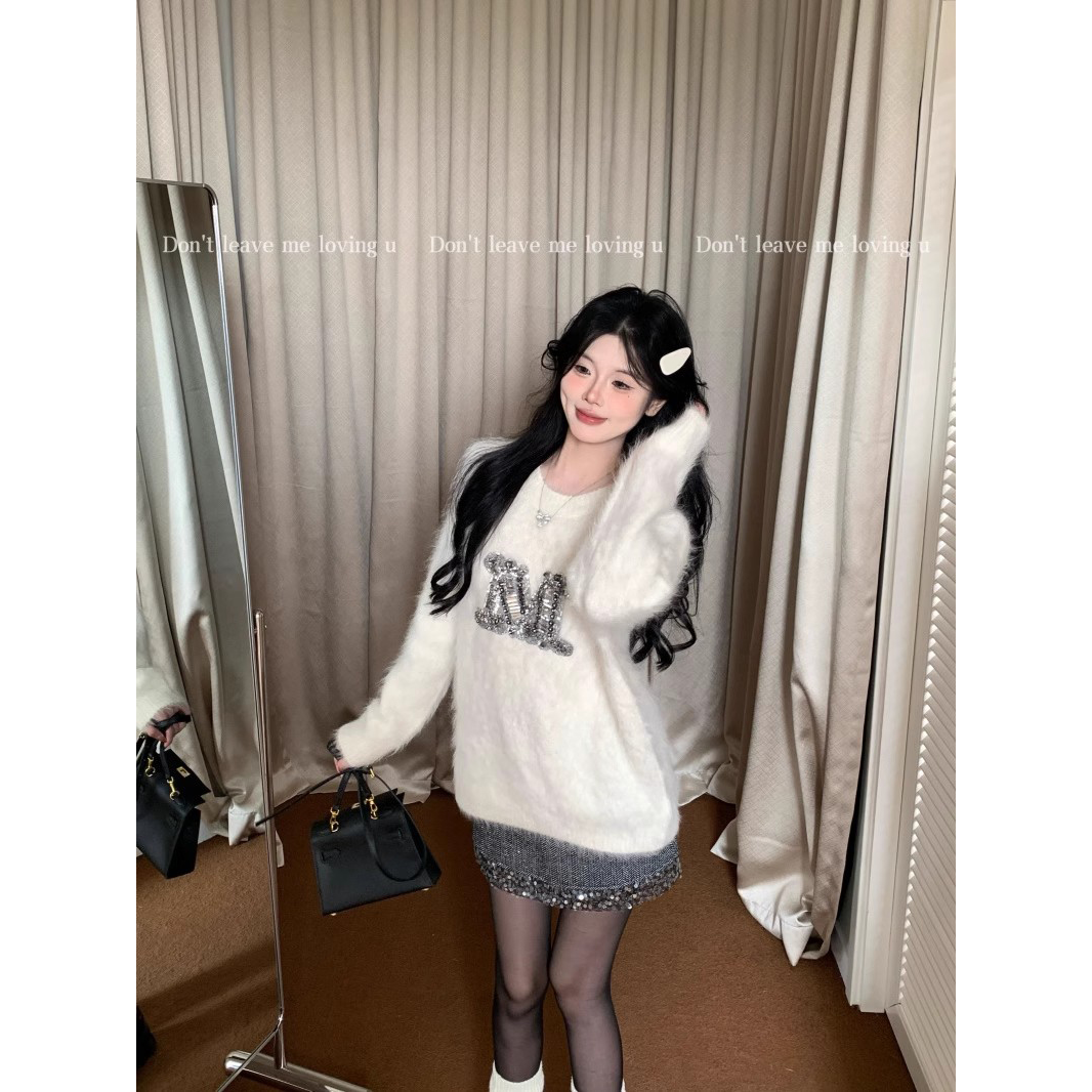 字母鑲鑽套頭毛衣女冬季奶fufu仿貂毛針織衫外套軟糯寬鬆白色上衣