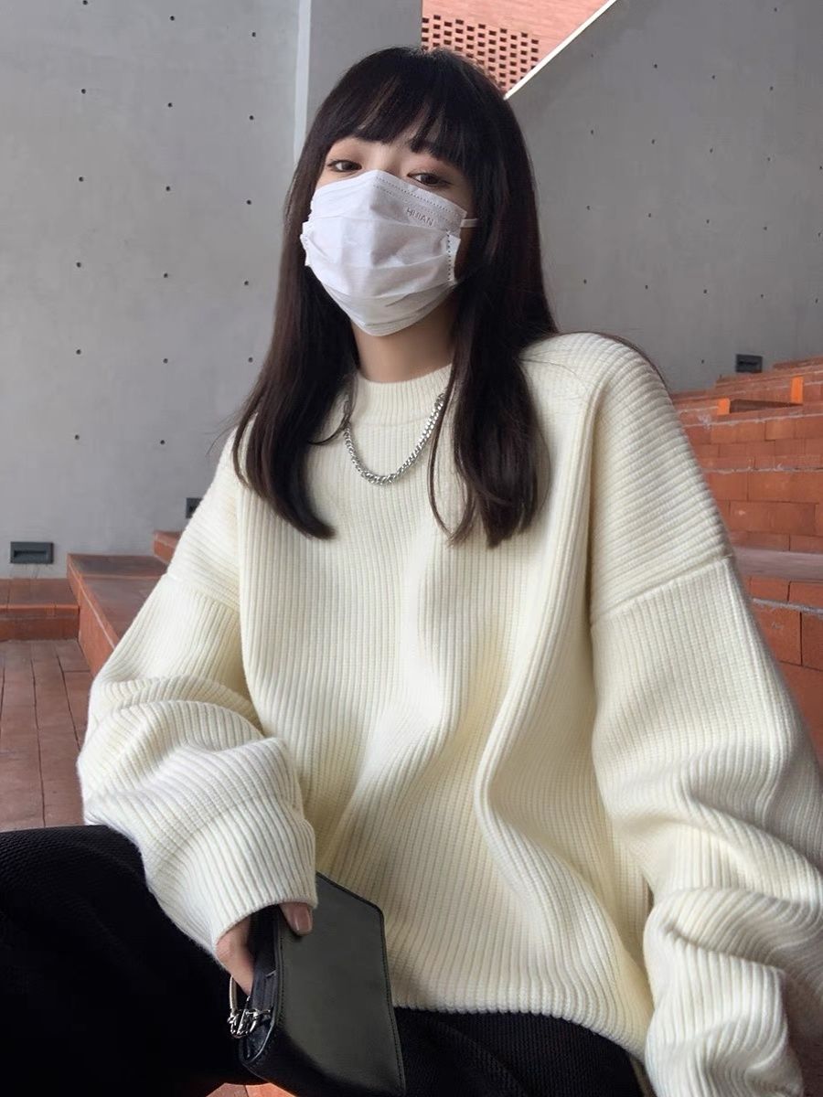 慵懶風潮酷毛衣女秋冬寬鬆圓領套頭長袖針織衫打底chic學院風韓范