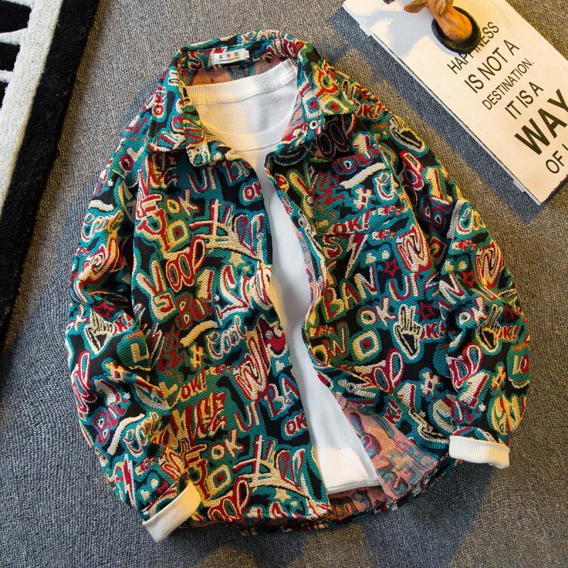 Paul trendy woven all-over jacquard shirt long-sleeved men's spring and autumn fashion brand high-end retro ethnic style jacket